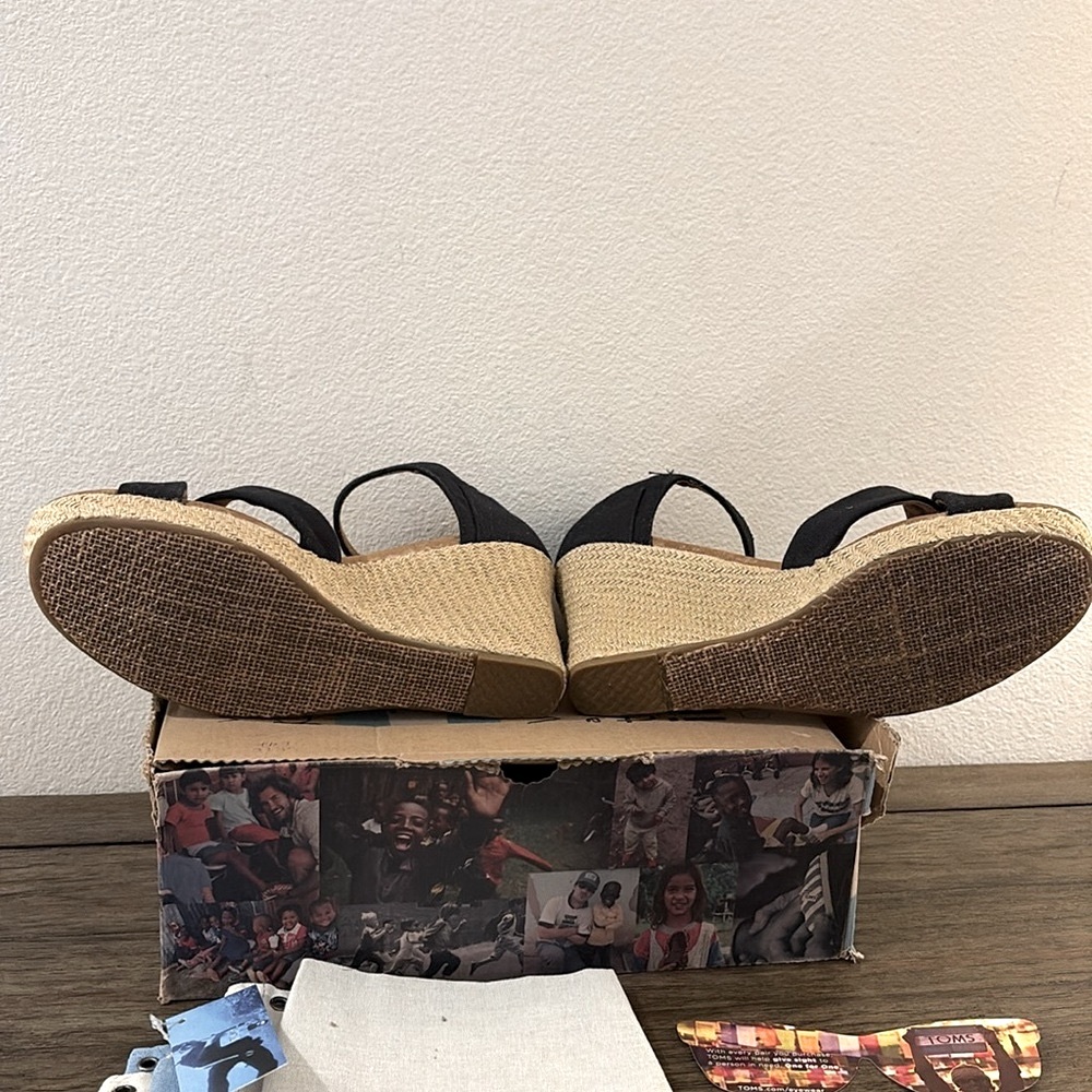 [TOMS] Black Canvas Strappy Open-Toe Espadrille Sandals Wedges Womens 10 w/ Box - Picture 11 of 16